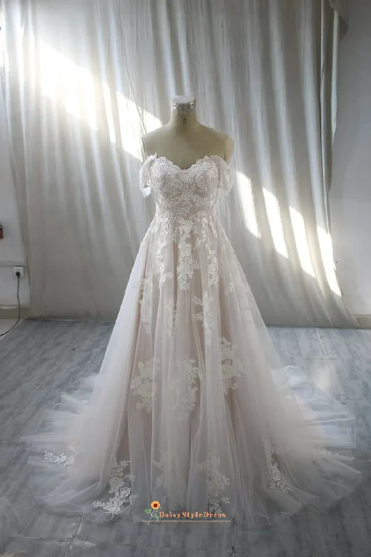 Off Shoulder Sleeve Lace Blush Wedding Dress