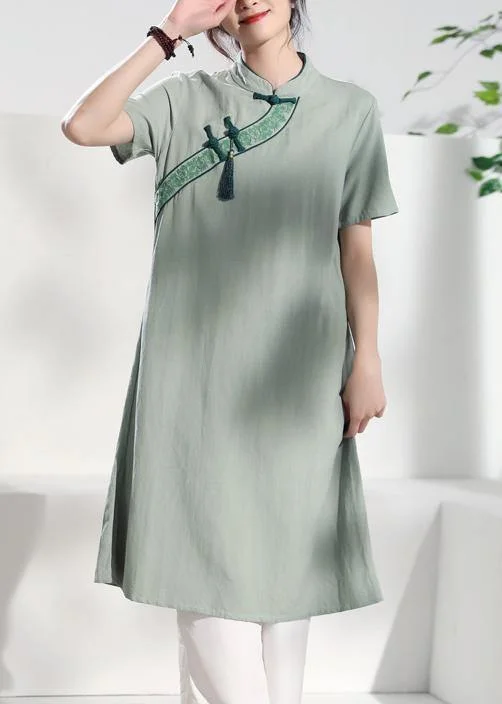 Handmade green embroidery linen dresses stand collar loose summer Dress