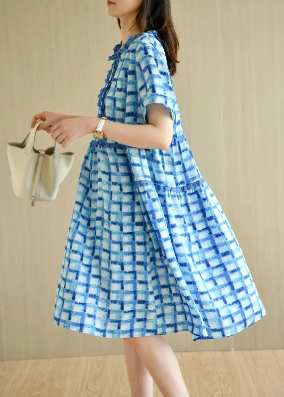 Unique Blue Plaid O-Neck A Line Summer Chiffon Dress Short Sleeve