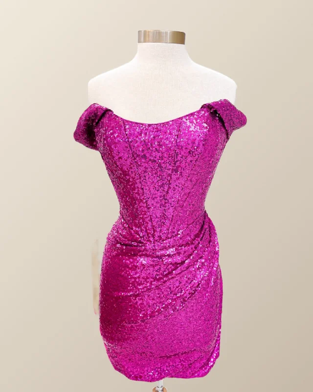 Off the Shoulder Fuchsia Sequin Mini Dress