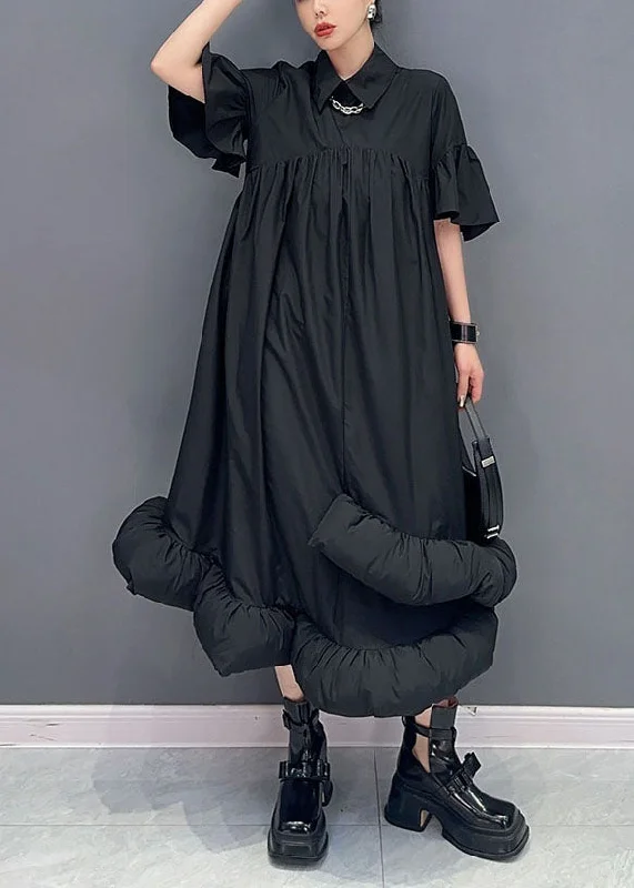 Black Patchwork Cotton Long Dresses Peter Pan Collar Wrinkled Summer