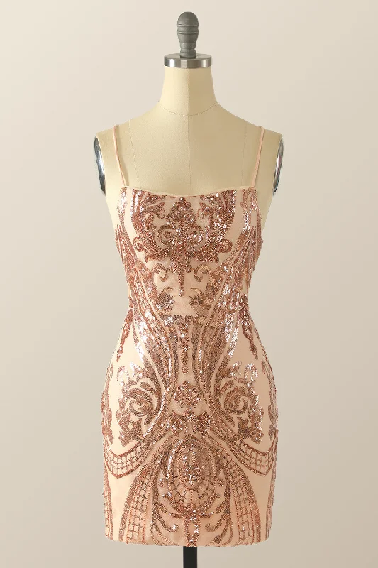 Straps Champagne Sequin Pattern Bodycon Mini Dress