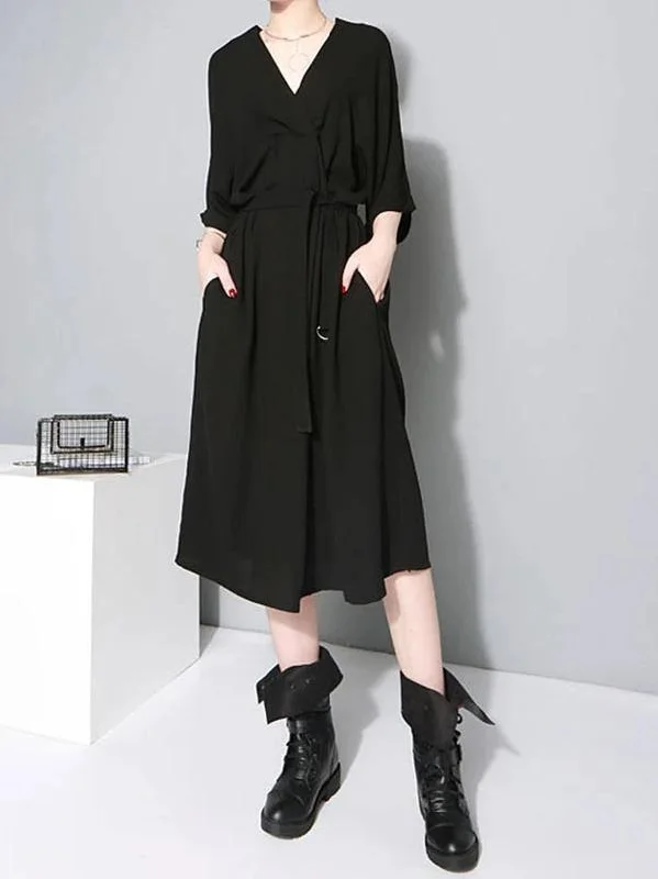 French v neck tie waist cotton clothes For Women Neckline black Robe Dresses