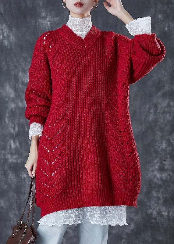 Modern Mulberry V Neck Hollow Out Cable Knit Sweater Dress Winter