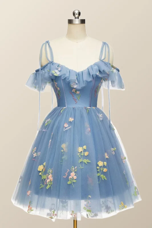 Blue Floral Ruffle A-line Homecoming Dress