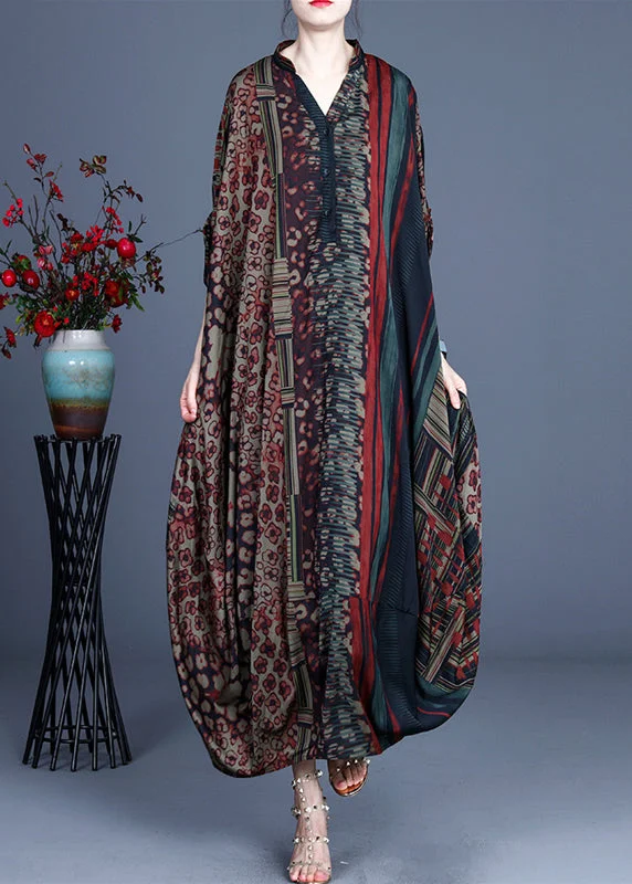 2024 Red V Neck Print Silk Long Dress Batwing Sleeve