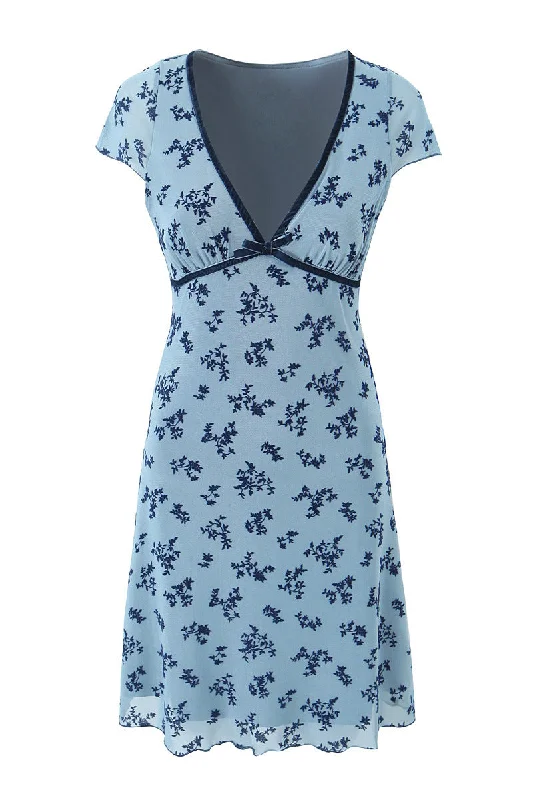 V-neck Blue Floral Print Tulle Short Summer Dress