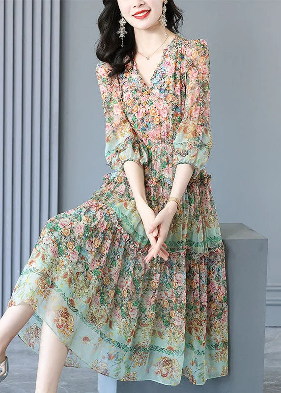 Handmade Light Green V Neck Ruffled Print Silk Dresses Summer