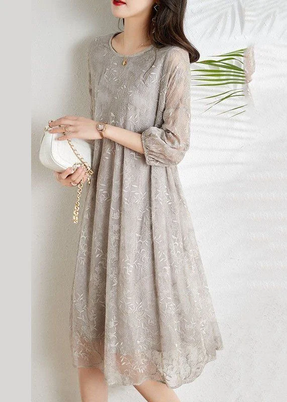 Fashion Light Grey Cinched Embroidered Chiffon Vacation Dresses Three Quarter sleeve