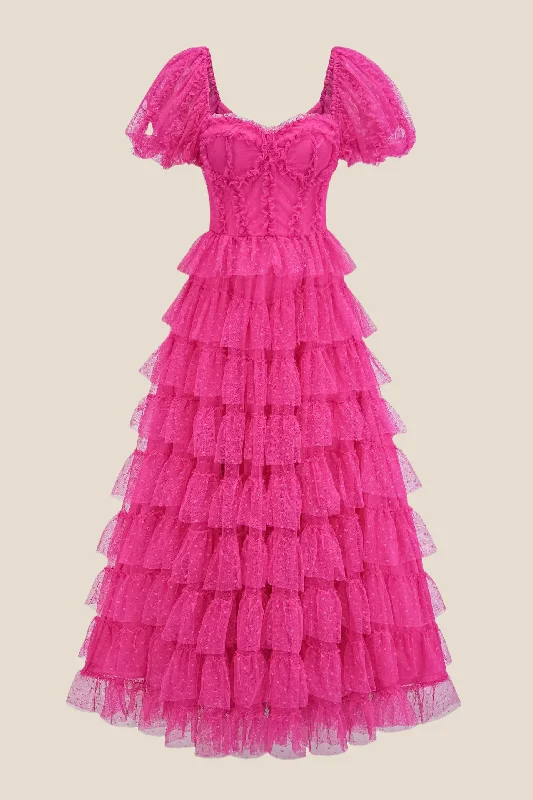 Puff Sleeves Hot Pink Dots Tiered Long Dress