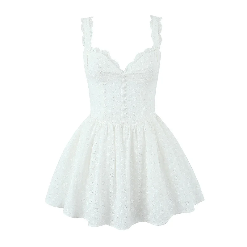 Straps White Lace Button Front Short Dress