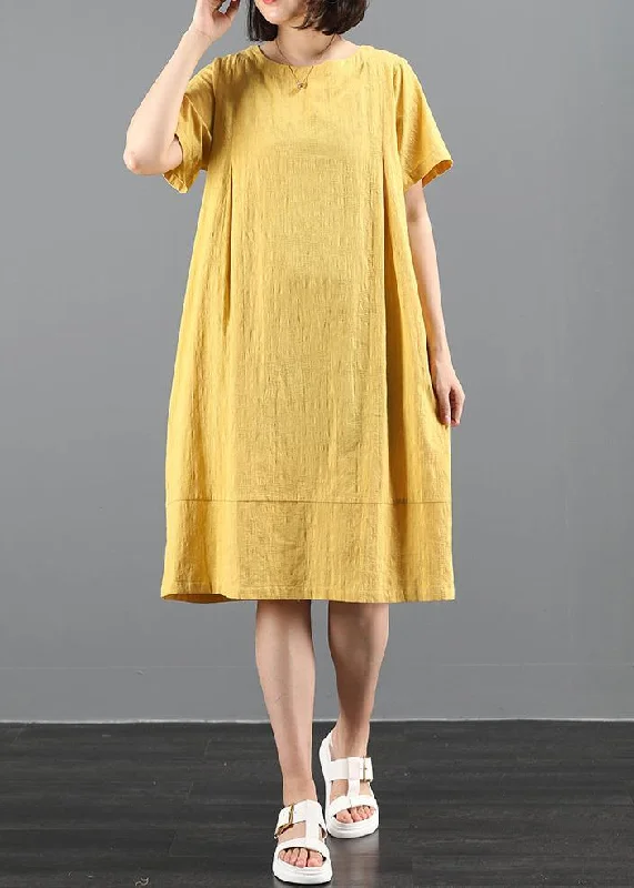 French o neck pockets summer dress Work Outfits yellow Dress