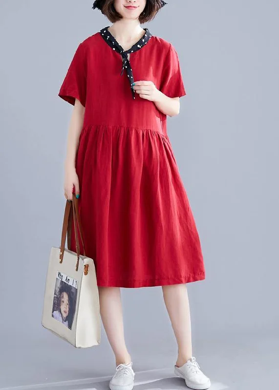 Beautiful red Cotton clothes v neck Cinched cotton Dresses