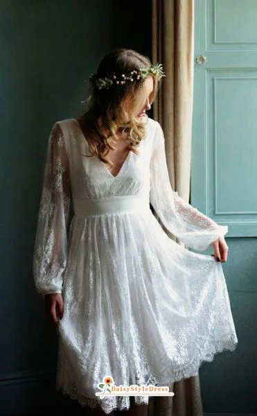 Short Bohemian Long Sleeve French Lace Wedding Dress