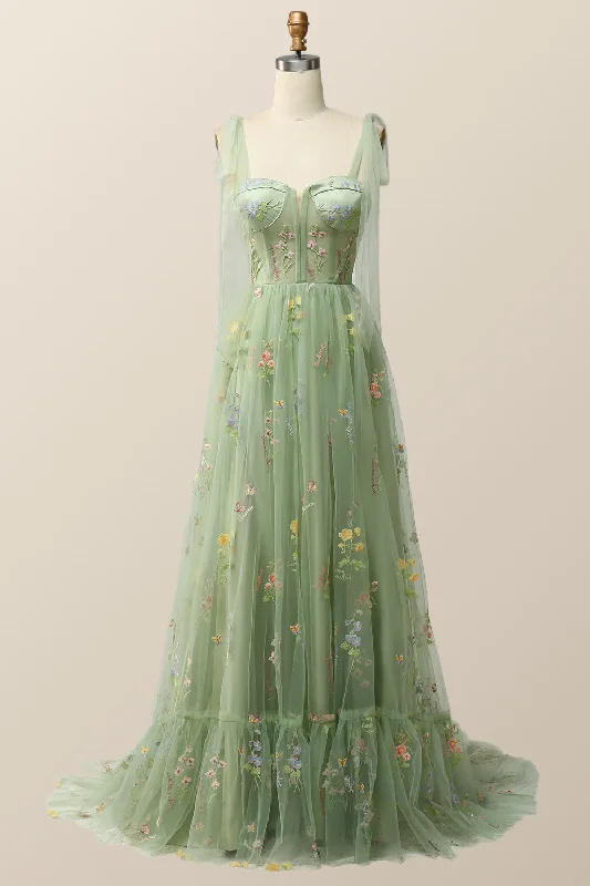 Tie Shoulders Green Floral Tulle Long Formal Dress