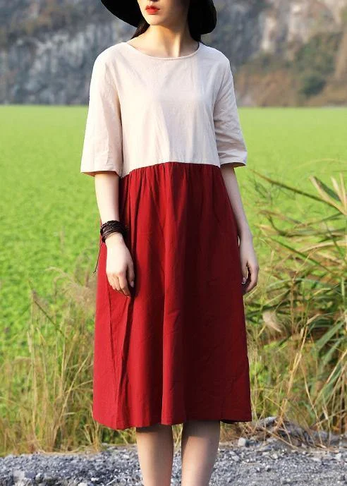 red women 2024 natural Cotton tunics for Summer Vintage Solid Color Short Dress