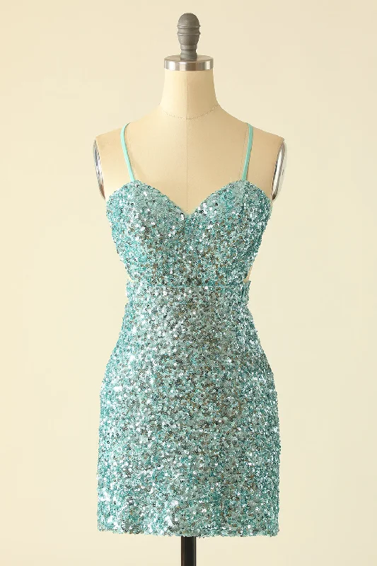 Straps Mint Green Sequin Tight Mini Dress