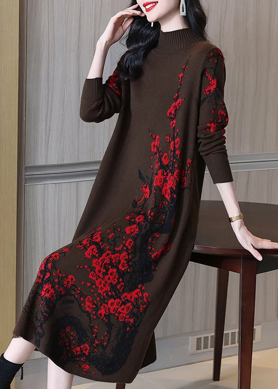 Coffee Patchwork Cotton Knit Long Dresses Turtleneck Spring