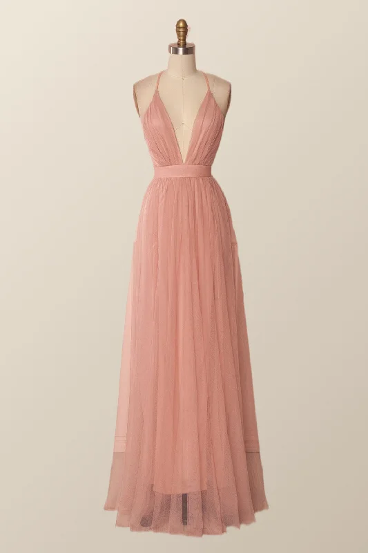 Plunge Pink Tulle A-line Long Formal Dresss