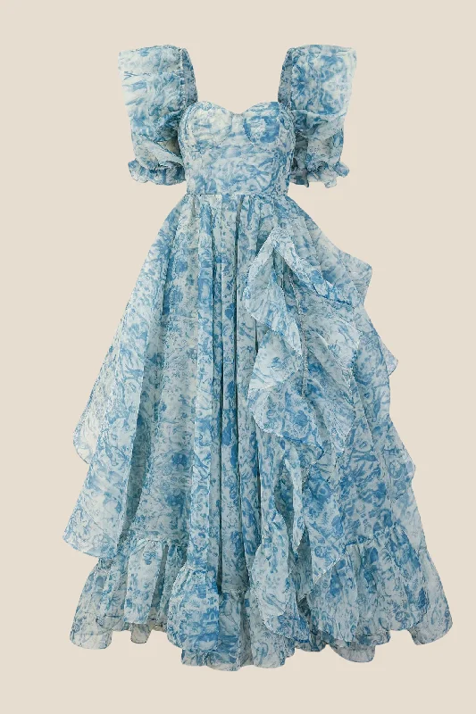 Puff Sleeves Blue Floral Print Ruffle Long Dress