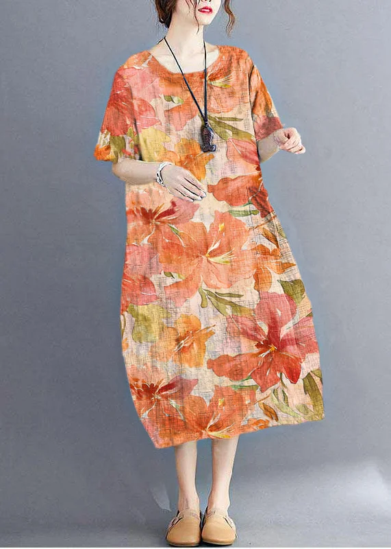 Stylish Orange flower O Neck Plaid Maxi Dresses Cotton Linen Summer