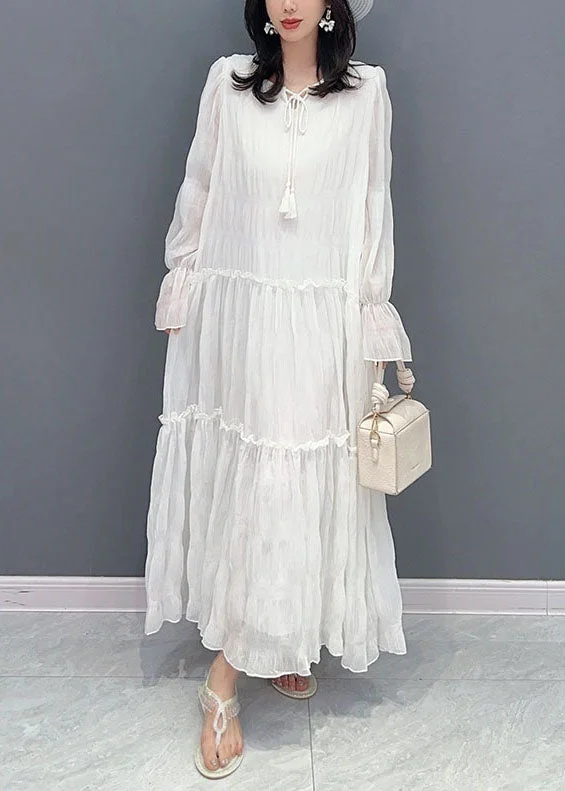 White Patchwork Chiffon Long Dress Ruffled Lace Up Summer