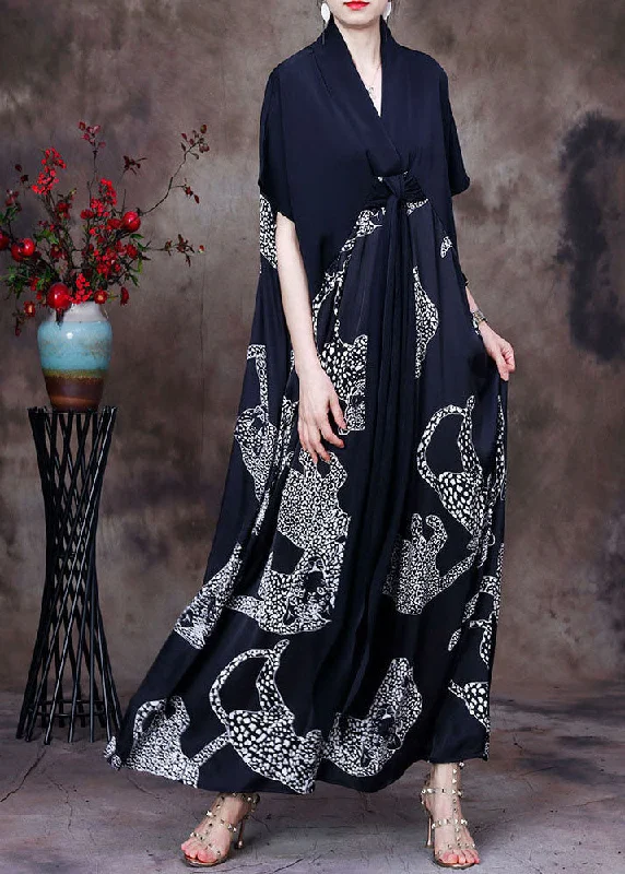 Loose Black V Neck Patchwork Print Silk Vacation Long Dress Short Sleeve