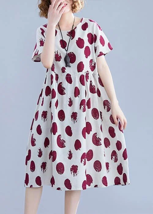 Natural o neck short sleeve Cotton quilting clothes Shape red dotted Dresses