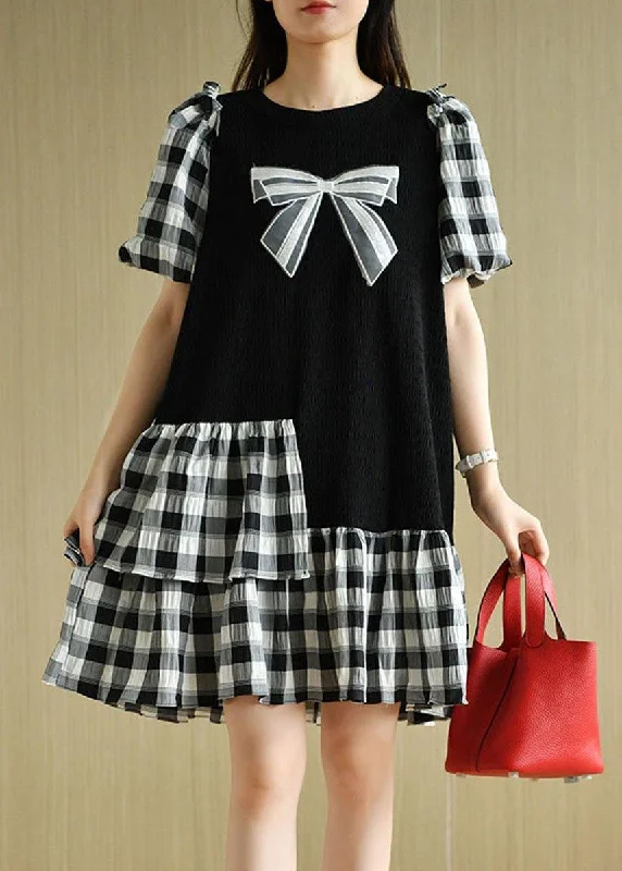 French Black Patchwork Plaid Summer Puff Sleeve Dresses