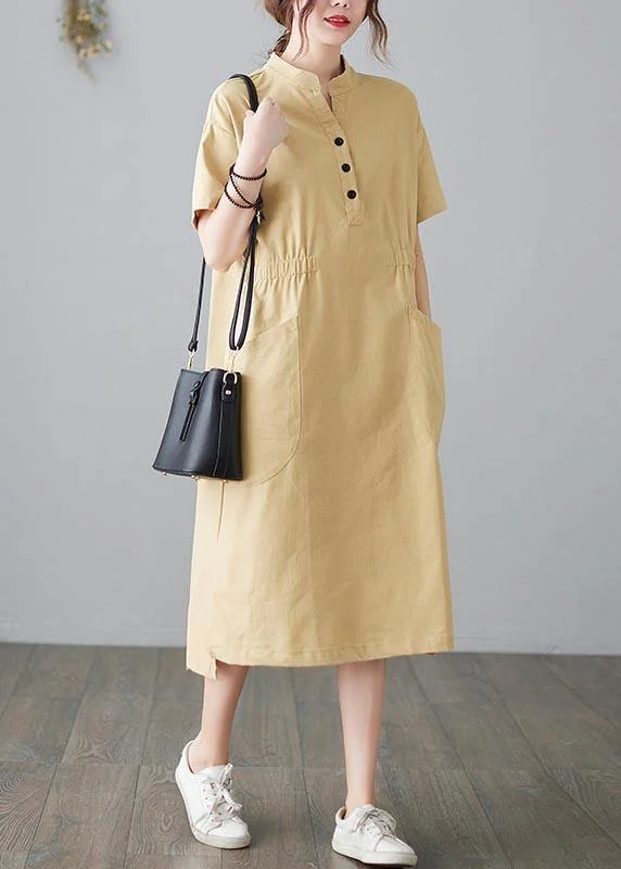 Organic Yellow Cinched Pockets Summer Cotton Dress