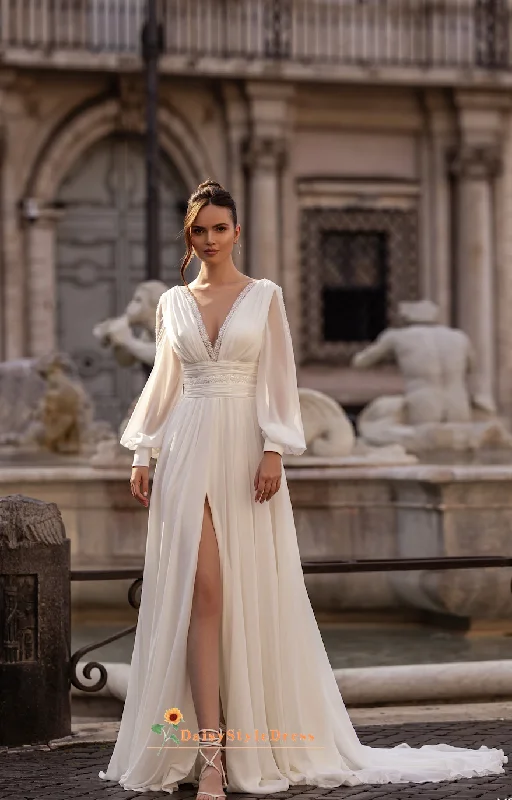 Long Sleeve Slit Skirt Wedding Dress