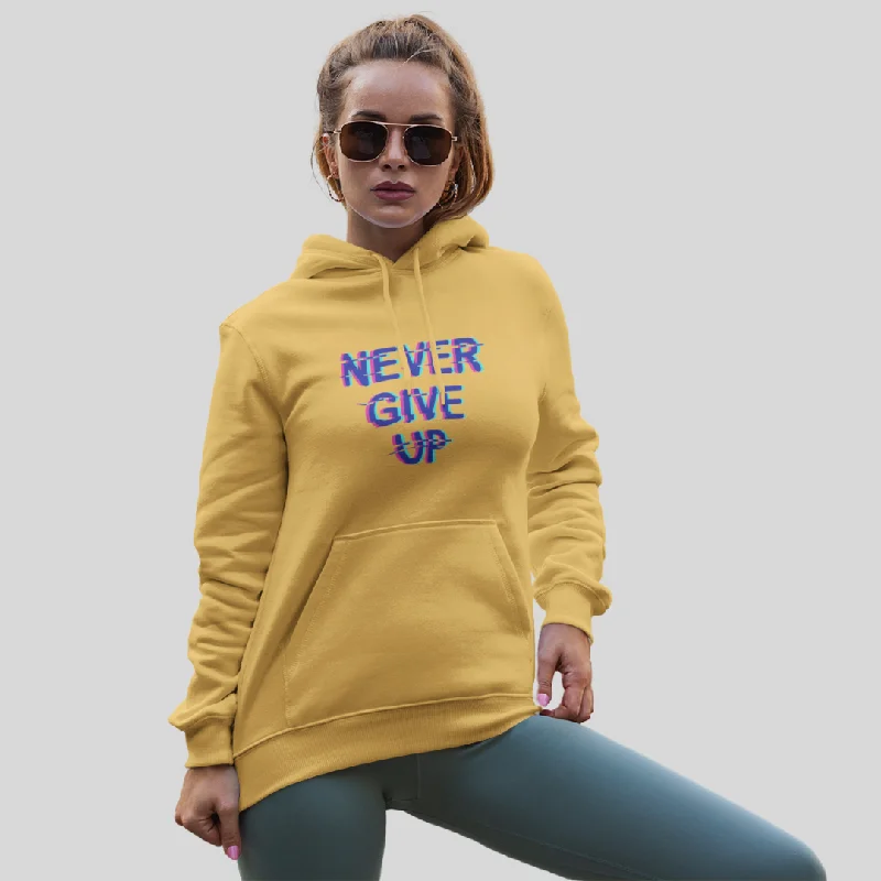 Stay Motivated with the "Never Give Up" Printed Yellow Hoodie for Women