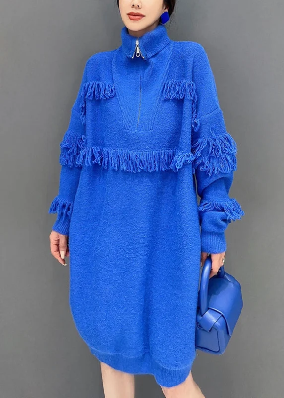 Italian Royal Blue Zip Up Tasseled Cotton Knit Mid Dress Long Sleeve