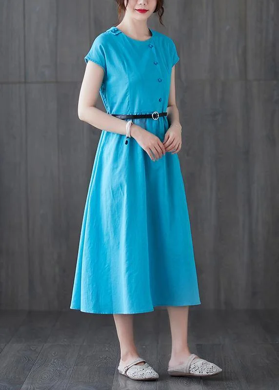 100% blue linen dresses o neck patchwork Love summer Dresses