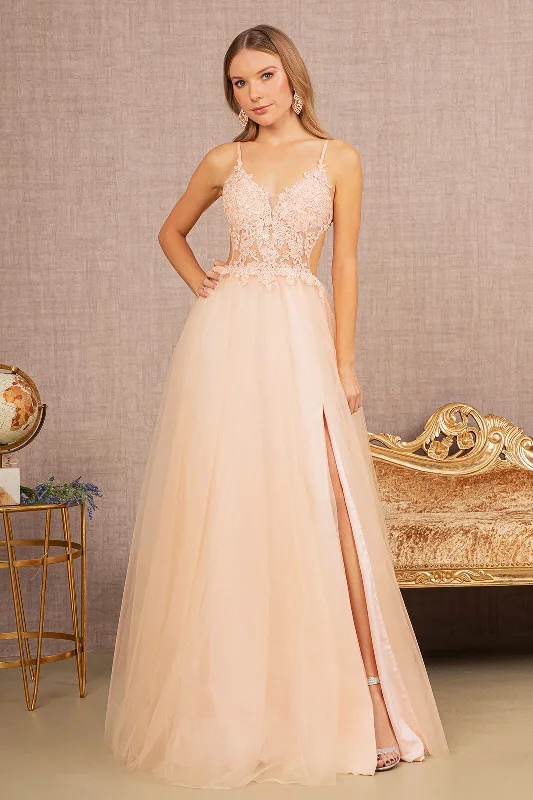 Sheer Cut Ou Floral Corset Tulle Slit Gown w/Open Back by Elizabeth K GL3152 - Women Formal Dress- Special Occasion/Curves