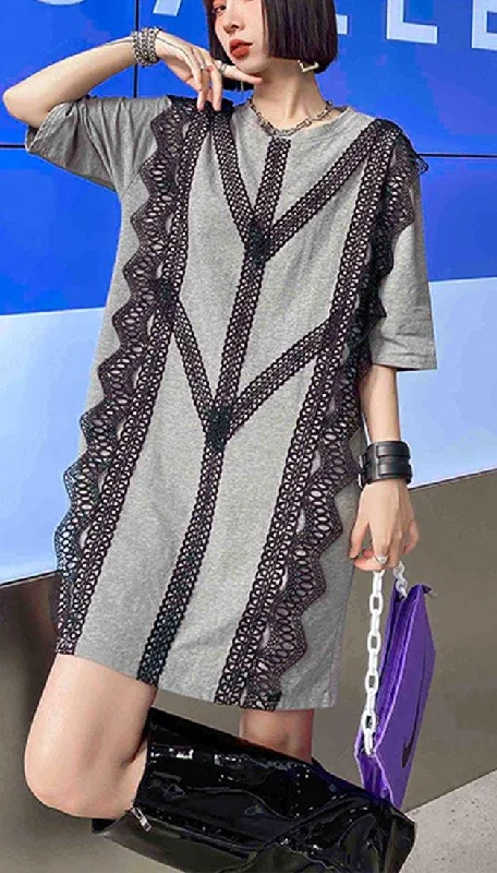 Organic Grey Cotton Patchwork Lace Summer Ankle Dress