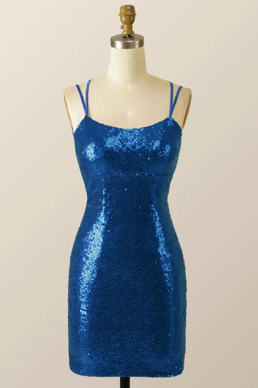 Double Straps Royal Blue Sequin Tight Mini Dress