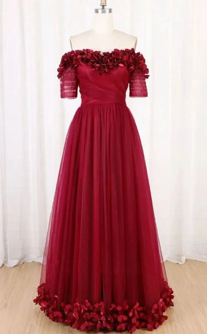 Half Sleeve Burgundy Prom Dress