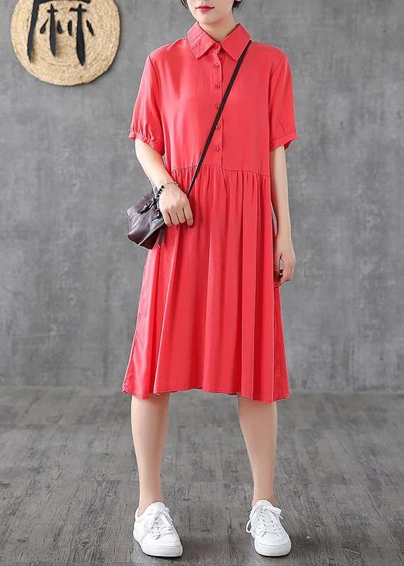 Style lapel Cinched Tunic Sewing red Dress