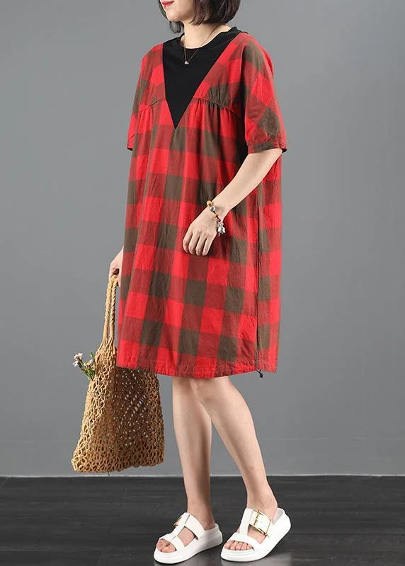 Unique red plaid tunic dresso neck patchwork A Line summer Dresses