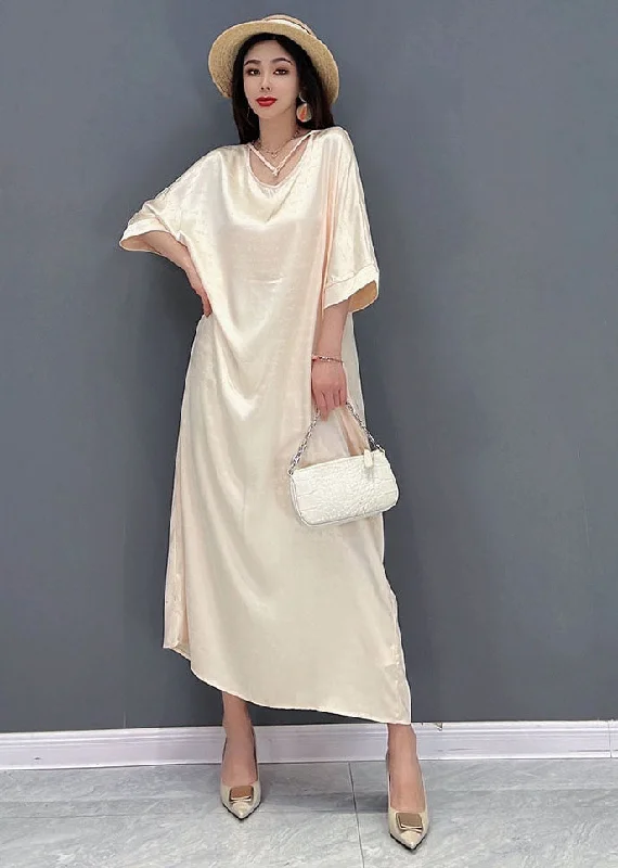 2024 Beige O-Neck Oversized Tie Waist Silk Long Dress Half Sleeve