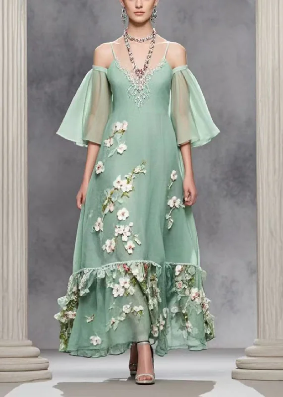 Bohemian Green Cold Shoulder Three-dimensiona Floral Chiffon Dresses Summer