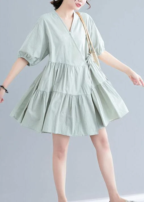 Women Green Short Sleeve A Line Dress Cotton