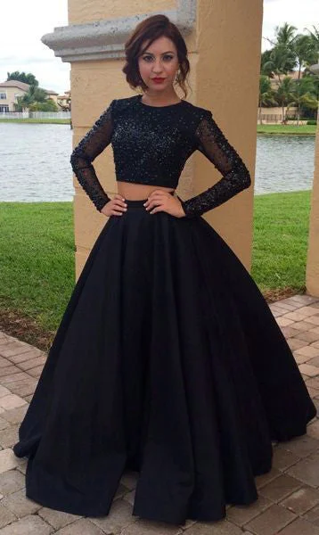 Ball Gown Black Two Piece Long Sleeve Prom Dress