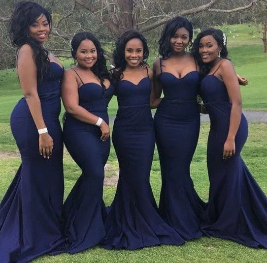 Fitted Spaghetti Straps Navy Blue Bridesmaid Dress