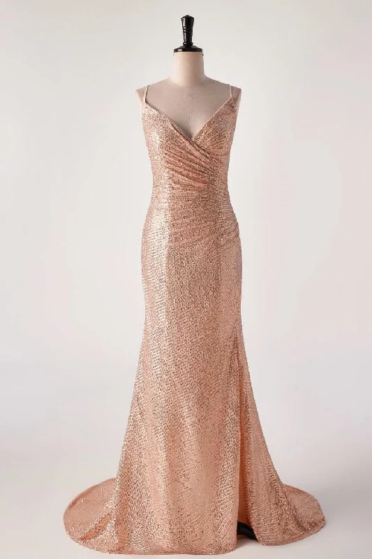 Champagne Sequin Pleated Mermaid Long Party Dress