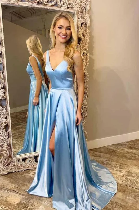 Sexy Slit Light Blue Prom Dress