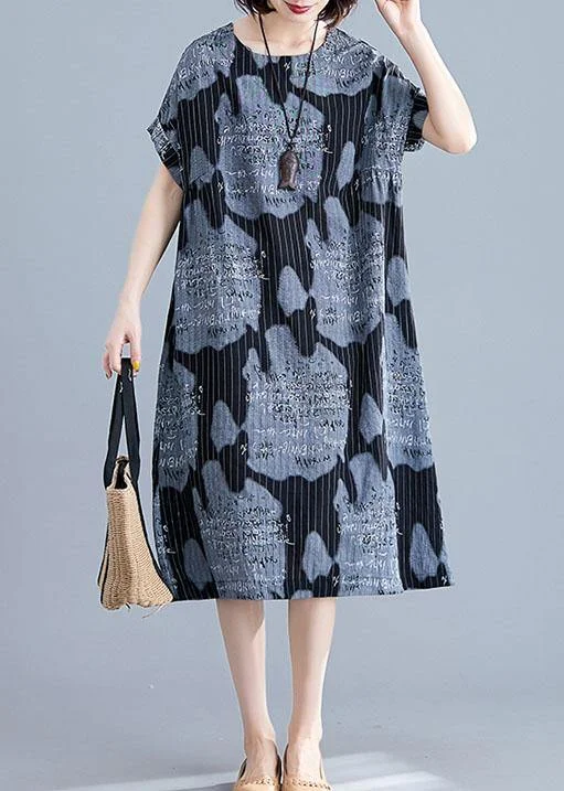 Women black print linen cotton tunics for women striped o neck Midi summer Dress