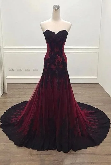 Long Sheath Sweetheart Black and Red Evening Dress