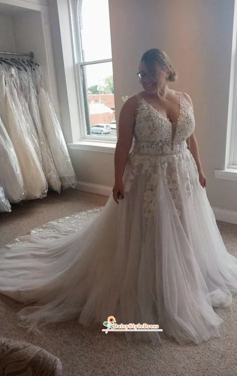 Plus Size V-neckline Lace Wedding Dress